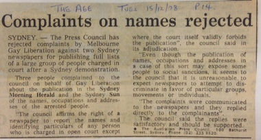 Article, Complaints on names rejected, The Age, 15 December 1978, p.14, 15 December 1978