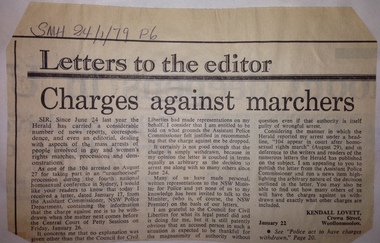 Article, Lovett, Kendall, Letters to the editor : Charges against marchers, Sydney Morning Herald, 24, January 1979, p.6, 24, January 1979