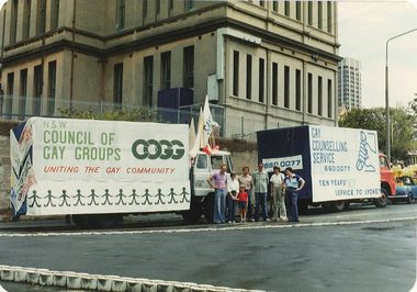 Photograph, CAMP NSW, NSW Council of Gay Groups and Gay Counselling Service floats, Festival of Sydney, 1981