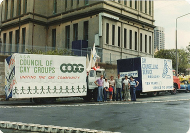 Photograph, CAMP NSW, NSW Council of Gay Groups and Gay Counselling Service floats, Festival of Sydney, 1981, 1981