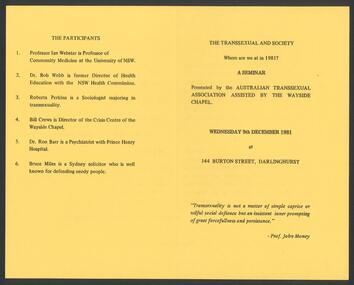 Ephemera, Australian Transsexual Association (ATA), The Transsexual and society : Where are we at in 1981? : a seminar, 1981