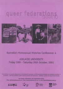 Poster, Australian Lesbian and Gay Archives, Queer federations : Australia's Homosexual Histories Conference 4, Adelaide University, 19-20 October 2001, 2001