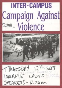 Poster, Inter-campus Campaign Against Sexual Violence, Melbourne University, Thursday 12th Sept [1991], [1991]