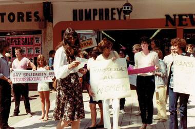 Photograph, Roberta Perkins speaking at the Australian Transsexual Association (ATA) and Gay Solidarity protest, Manly, Sydney, October 1982, October 1982