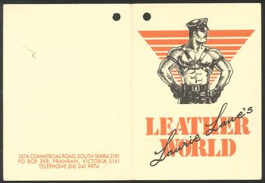Ephemera, Laurie Lane's Leather World [tag], c.1985-1989