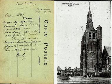 POEM, "In Memory of Herbert Smith KIA, October 1914" and POST CARD of Méteren village's "Needle-eyed chuch."