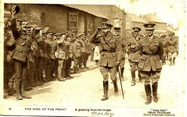 Official Postcard, 'THE KING AT THE FRONT', (Bob has written the place name, Warloy on the card)