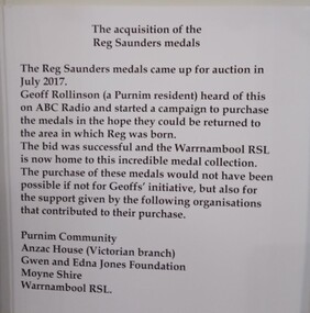 Document, The Acquisition of Reg Saunders' Medals