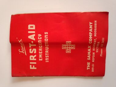 Equipment - WW2 Field Medical Kit- contents, part of, Sanax FIRST AID  EMERGENCY INSTRUCTIONS Booklet