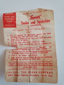 Equipment - Snake and Spiderbite Outfit, WW2 Medical kit-Contents, Spiderbite outfit instructions