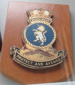Badge - HMAS Ships Badge mounted on light colored wooden plaque