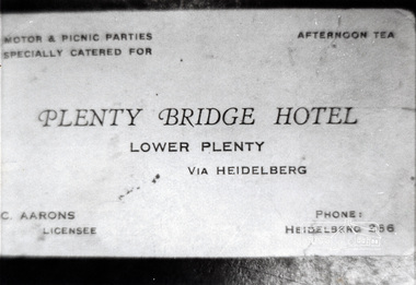 Photograph, Business card, Plenty Bridge Hotel, c.1930s-c.1940s