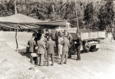 Photograph, Country Road Board members having morning tea just south of St Andrews, Heidelberg-Kinglake Road, 1962
