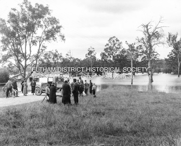 Photograph, Main Road, Eltham South, corner of Falkiner Street, flooded by the Diamond Creek, 1934