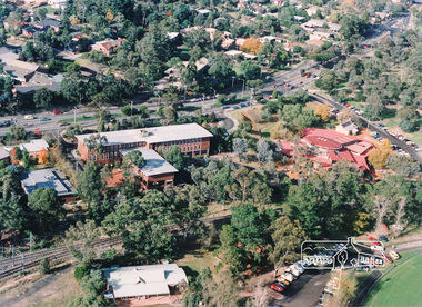 Photograph, Aerial view of Eltham Shire Office and Eltham Library precinct, 1994, 1994
