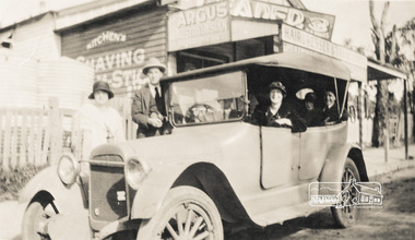 Photograph, Burges family and car outside shop, Eltham