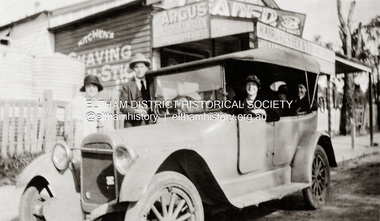 Photograph, Burges family and car outside shop, Eltham