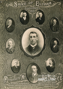 Photograph, Portrait panel of Shire of Eltham Councillors 1913 presented to Mr A. G. Thomas CE, 1913