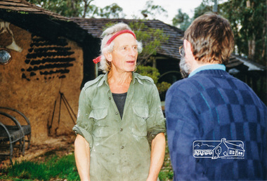 Photograph, Leon Saper (Potter) and Russell Yeoman outside his house at Cottles Bridge, 1991, 1991