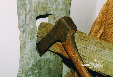 Photograph, Axes used in cutting post and rail fences, Heritage Week, 1990, 1990