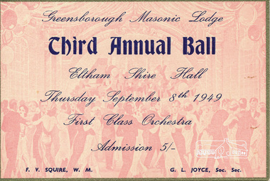 Card, Greensborough Masonic Lodge Third Annual Ball, Eltham Shire Hall, 1949