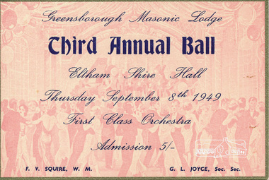 Card, Greensborough Masonic Lodge Third Annual Ball, Eltham Shire Hall, 1949, 1949