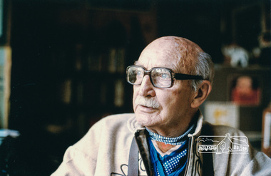 Photograph, Alan Marshall in his bungalow studio, Park Road, Eltham, c.1977