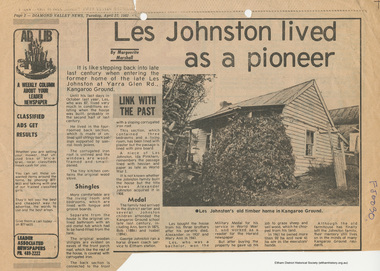 Document - News Clipping, Marguerite Marshall, Les Johnston lived as a pioneer by Marguerite Marshall, 27 April 1982