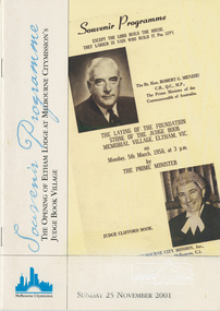 Book, Souvenir Programme: The Opening of Eltham Lodge at Melbourne Citymission's Judge Book Village; Sunday 25 November 2001, 2001