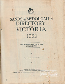 Book, Sands & mcDougall, Sands & McDougall's Directory of Victoria 1962, 1962