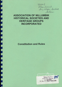 Book, Association of Nillumbik Historical Societies and Heritage Groups Incorporated - constitution and rules
