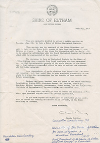 Letter, Shire of Eltham, Invitation by Councillor Charis Pelling to attend a public meeting on 6 June 1967 to form a Shire of Eltham Historical Society, 24 May 1967, 24/05/1967