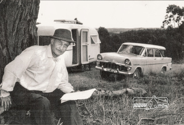 Photograph, Alan Marshall with his Sunliner caravan at Research, Vic, c.1962