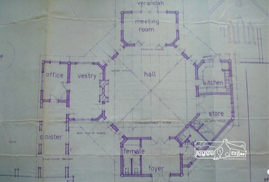 Photograph, An early design for St Margaret's mudbrick hall by architect, Robert Marshall which was not adopted for construction in 1978