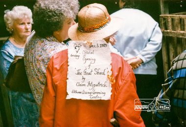 Photograph, Eltham Living and Learning Centre "Goat Shed" - unofficial opening by Claire Fitzpatrick, 3 December 1989, 03/12/1989