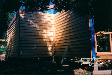 Photograph, Pavilion construction showing back storeroom finish, March-April 1994, 1994