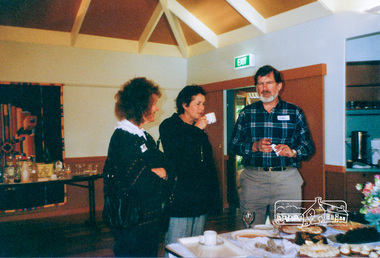 Photograph, Maureen ?, Leslie Shuttleworth (centre) and Councillor John Graves, President, Shire of Eltham, inside the Eltham Living and Learning Centre building 'Pavilion' after unveiling the centre made plaque in the forecourt, 10 October 1994, 10/10/1994