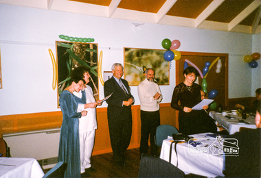 Photograph, Chief Commissioner Don Cordell addressing graduates of a Box Hill TAFE Small Business Course in the Pavilion, Eltham Living and Learning Centre, 1996