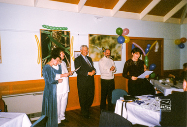 Photograph, Chief Commissioner Don Cordell addressing graduates of a Box Hill TAFE Small Business Course in the Pavilion, Eltham Living and Learning Centre, 1996, 1996