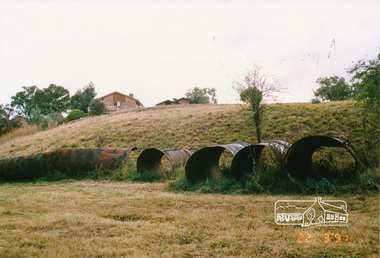 Photograph, Pipes used for original aqueduct crossing of Diamond Creek, Allendale Road, Eltham, 22 March 1991, 22/03/1991