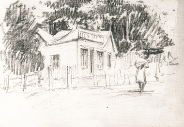 Photograph, Person on road outside building