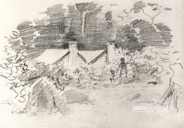 Photograph, Sketch study of figure and house