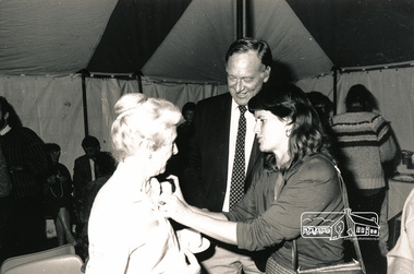Photograph, From left; Opal Smith, Cr. Bob Manuell and Mandy Press, Shire of Eltham function, c.1990, 1990c
