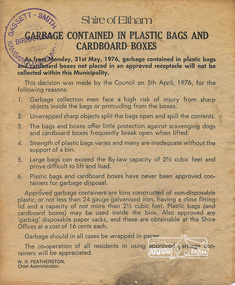 Notice, Garbage Contained in Plastic Bags and Cardboard Boxes, Shire of Eltham, 1976