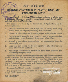 Notice, Garbage Contained in Plastic Bags and Cardboard Boxes, Shire of Eltham, 1976, 1976