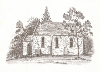 Print, Don Brown, Original R.C. Church, Eltham (from a photograph), 1980