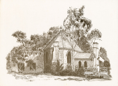 Print, Don Brown, Church of the Sacred Heart, Diamond Creek, now [1980] "The Abbey", 1980