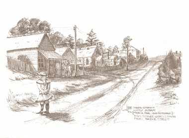 Print, Don Brown, Maria Street, Little Eltham (from a pre 1900 photograph) - Main Street looking south from Bridge Street, 1980