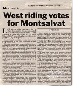 Newspaper clipping, "West riding votes for Montsalvat" by Fiona Kaegi, Diamond Valley News, 16 Nov 1994, p5, 16/11/1994