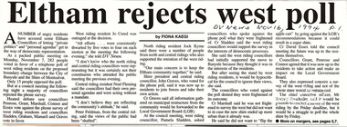 Newspaper clipping, "Eltham rejects west poll" by Fiona Kaegi, Diamond Valley News, 16 Nov 1994, p1, 16/11/1994